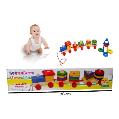 Picture of Wooden Set Column Three Car CHILDREEN Early Educational Geometric Matching Shape Building Vehicle Block Wooden Toy