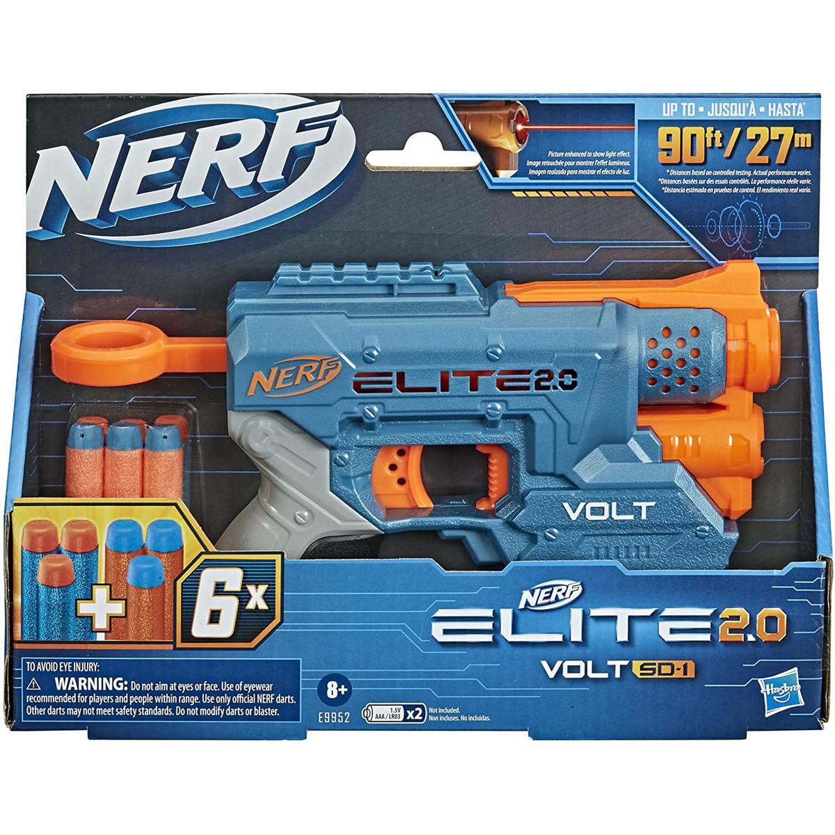Picture of NERF Elite SD-1 2.0-Volt Blaster, 6 Official Darts, Light Beam Target, 2-Dart Storage, 2 Tactical Rails to Customize for Battle