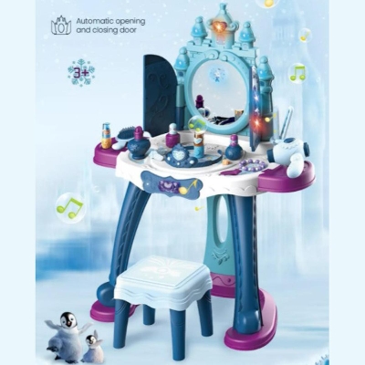 Picture of 35 pcs Girls pretend play dressing table toy set with makeup kits and many more accessories automatic door open by sensor light and music