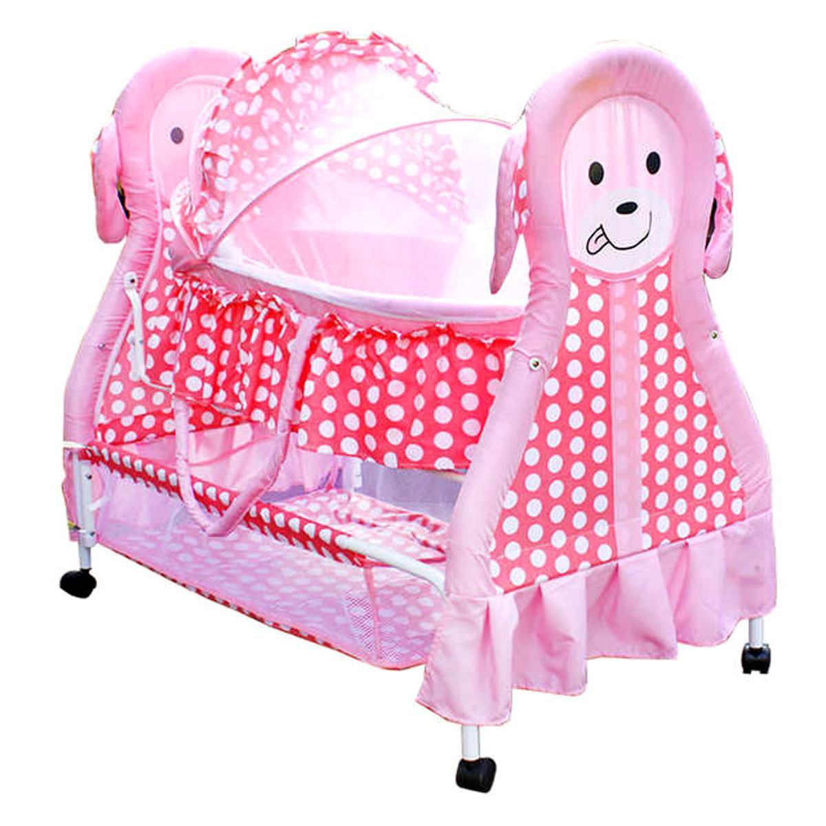 Picture of New Born Baby Swing Cradle Bed with Mosquito Net Canopy 2 in 1 Infant Crib can be Convert to Carrying Basket and Wheel Bassinet