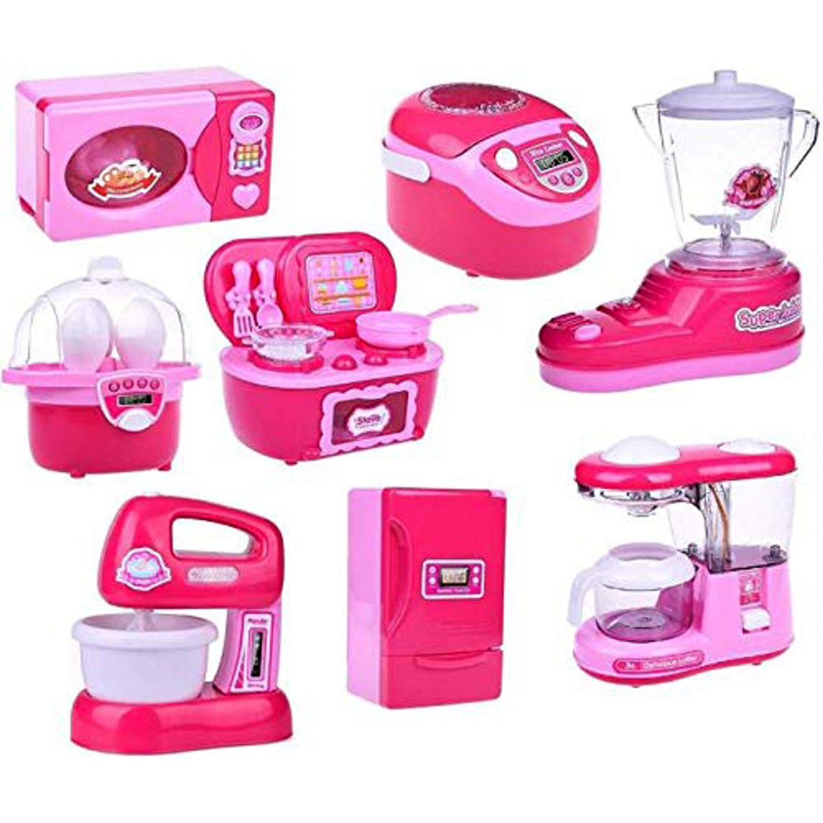 Picture of Kitchen and Household Utility 8 Pcs Toy Set for Kids Working Household Appliances (Microwave Oven, JMG, Refrigerator ) Toy for Girls
