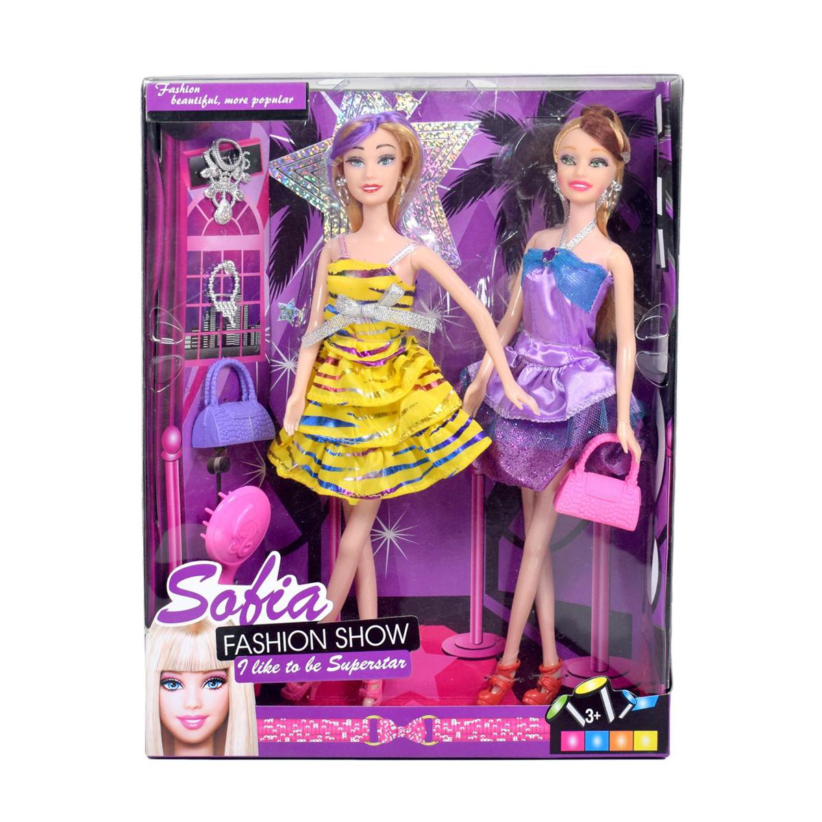 Picture of Beautiful Pair of Sofia Barbie Dolls in party dress with Bags, Necklaces, Comb- 2 pcs set