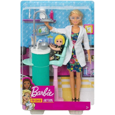 Picture of Barbie Dentist Doll, Blonde and Playset with Blonde Patient Small Doll, Sink, Chair and More, Career-Themed Toy