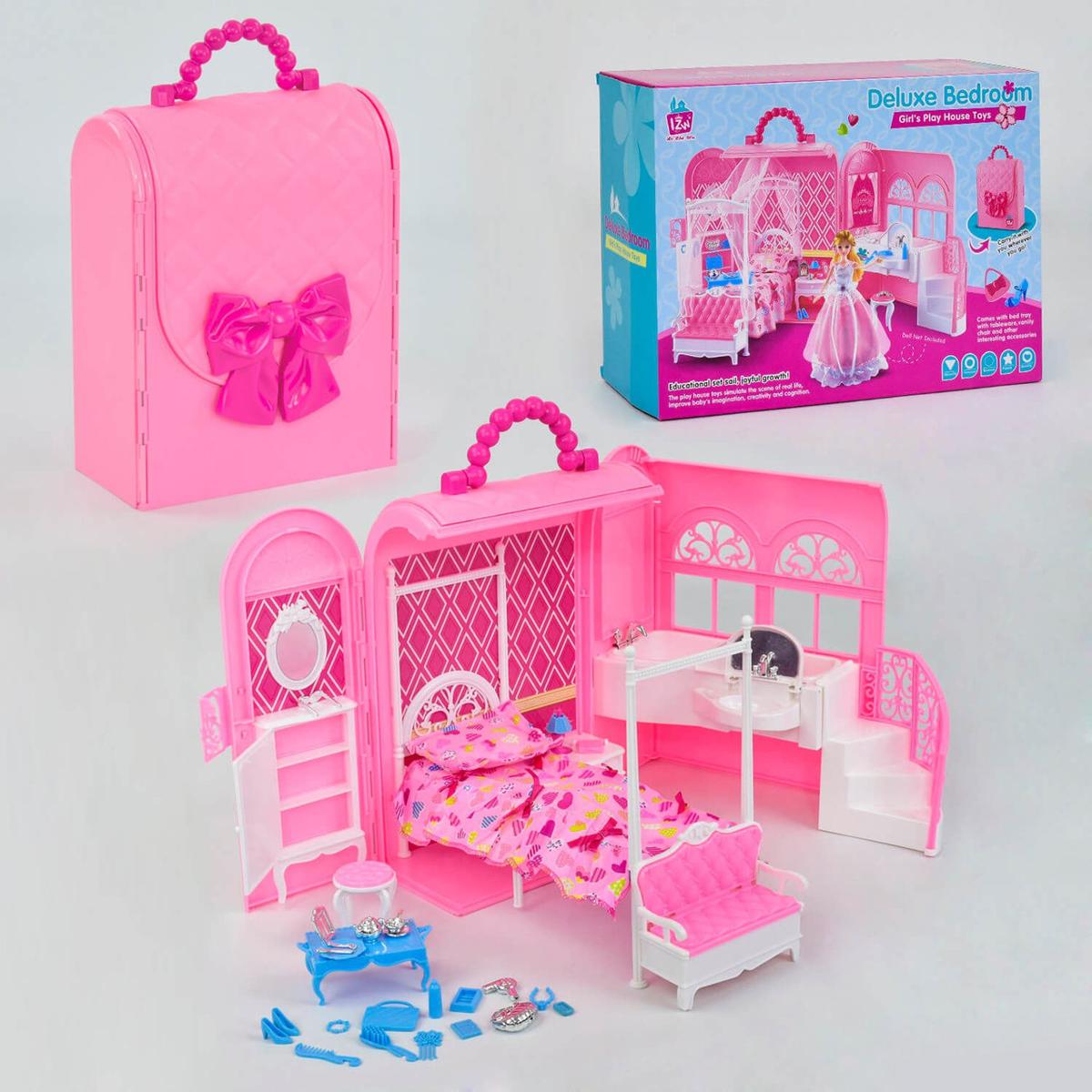 Picture of Deluxe Bedroom Girl's Play House Toys Pink Portable Carry Case With Doll House Furniture  and Many more Interesting Toys for Girl