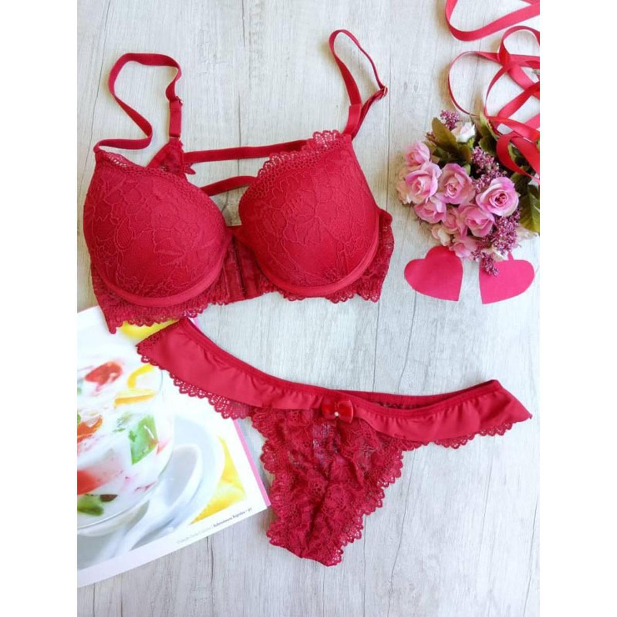 Picture of fashionable red Comfort foam Bra  thong Panty Set for Women