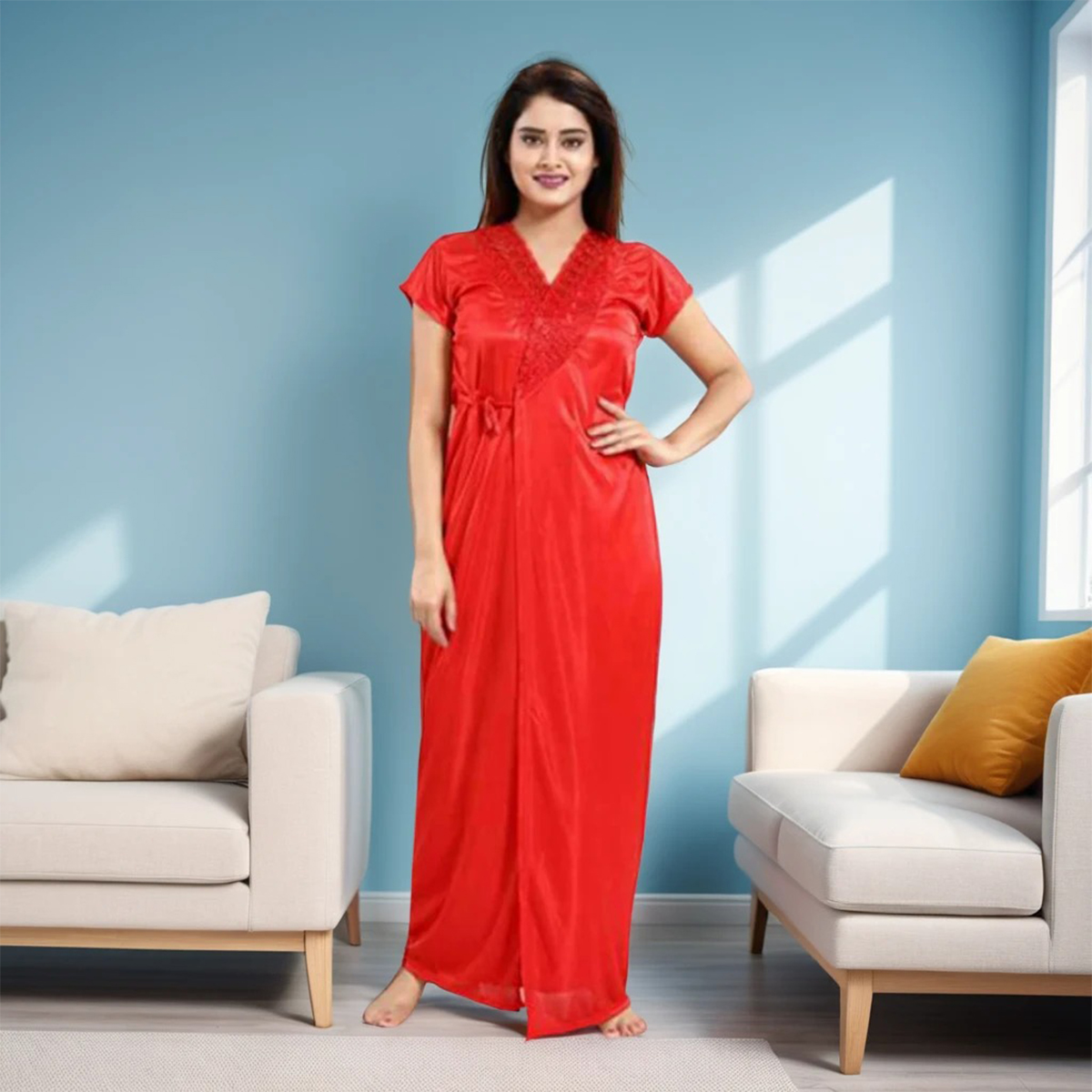 Picture of Nightwear Set for Women - Lycra Platinum Fabric, Red, Sizes M-L-XL