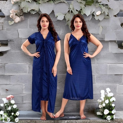 Picture of High Quality Silk Cotton Two Part Nighty for Women Elegant Blue Indian Silk Cotton Two Piece Night Dress ,Stylish Indian Two Part Nighty
