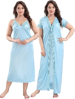 Picture of High Quality Silk Cotton Two Part Nighty for Women Elegant Blue Indian Silk Cotton Two Piece Night Dress ,Stylish Indian Two Part Nighty