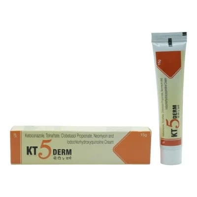 Picture of KT 5 Derm Cream 15 gm Ketoconazole Tolnaftate Clobetasol Neomycin Lodochlorhydroxyquinoline Cream