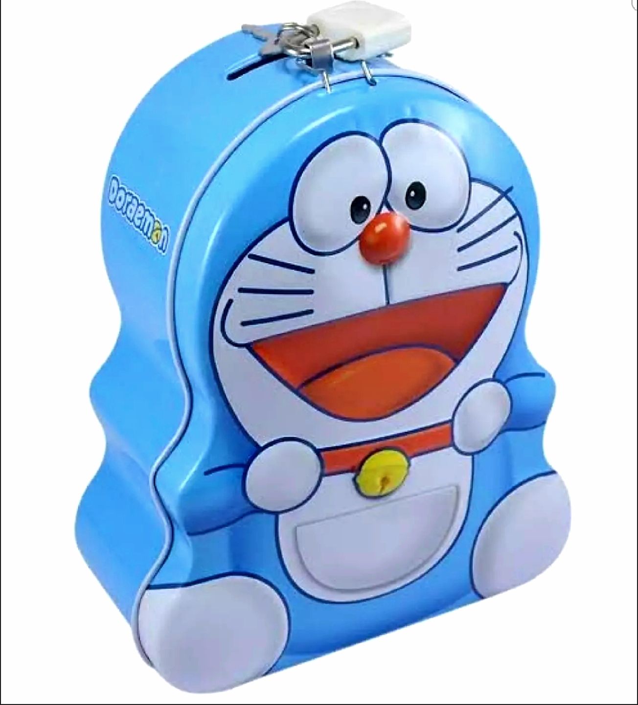 Picture of Blue Doraemon Cartoon Metal Kiddy Piggy Bank Coin Box with Lock