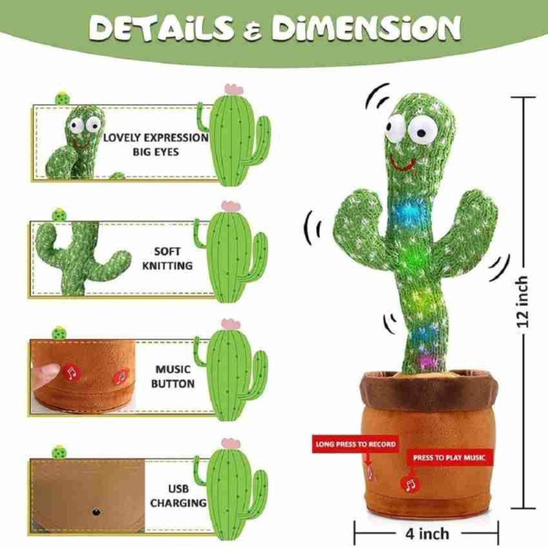 Picture of Dancing Cactus Toy Electric Cactus Sing Repeat Singing Rechargeable Talking Cactus Mimicking Toy For Plush Toys 120 SONGS