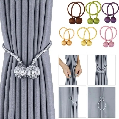 Picture of 2 Pcs Set Magnetic Pearl Ball Cortinas Holdbacks Buckle Accessory Tiebacks Accesorios Curtain Hook Holder MAYTTO 2 PCS Magnetic Curtain Buckle Magnetic Curtain Tiebacks Convenient Drape Tie European Style Decorative Weave Rope Curtain Rings & Buckles Hold