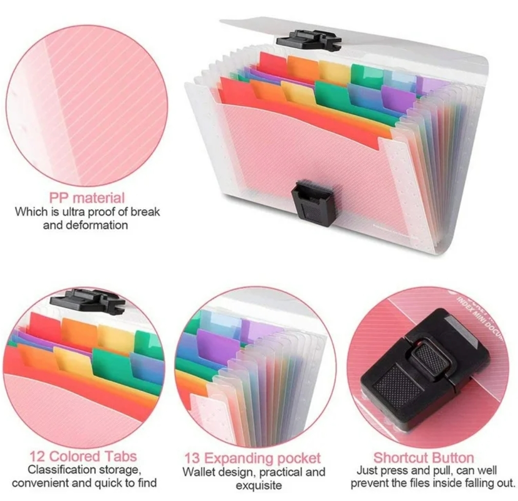 Picture of New model transparent file bag  LQ Industrial Mini Document File A6 Rainbow Expanding File Folder 13 Pocket File Organizer for Storage Invoice, Receipt Information, Cards, Coupon