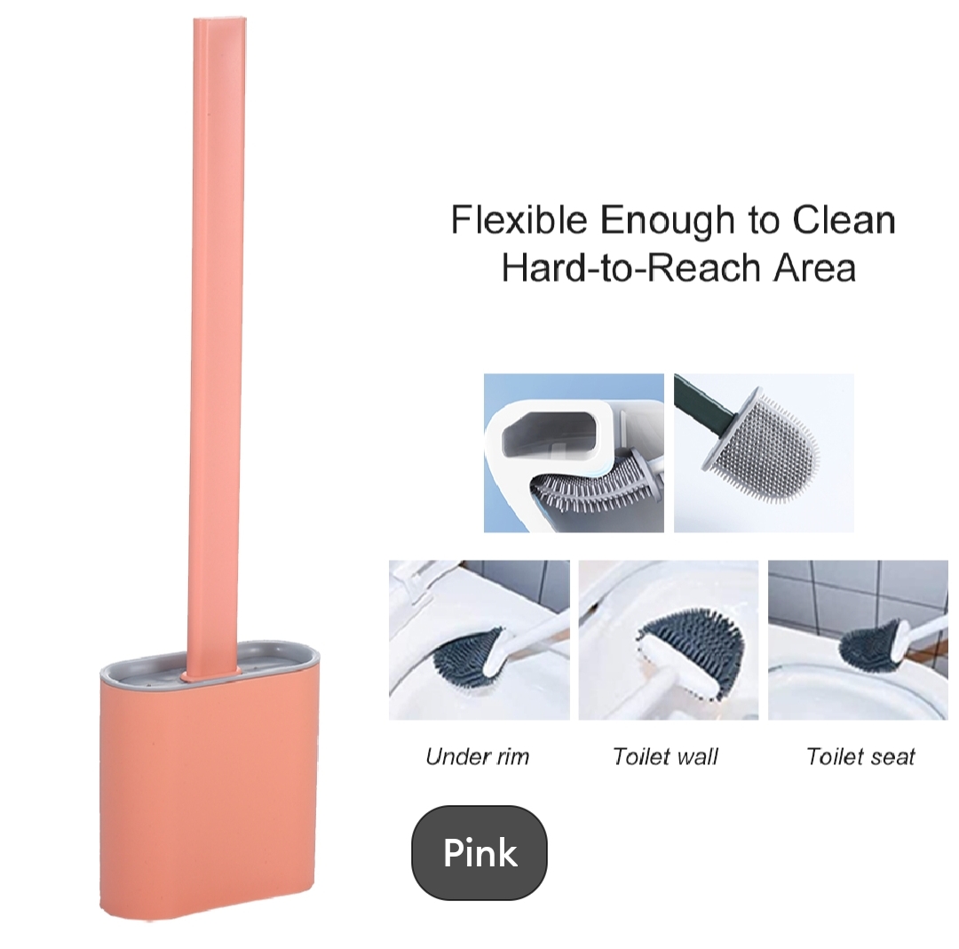 Picture of Silicone Toilet Brush with Toilet Brush Holder Creative Cleaning Brush Set for home with wear-resisting prop Flat Toilet Brush with Holder Silicone Toilet Bowl Cleaner Brush with Caddy Flexible Non-scratch TPR Bristles for Bathroom Easy Under Rim Cleaning