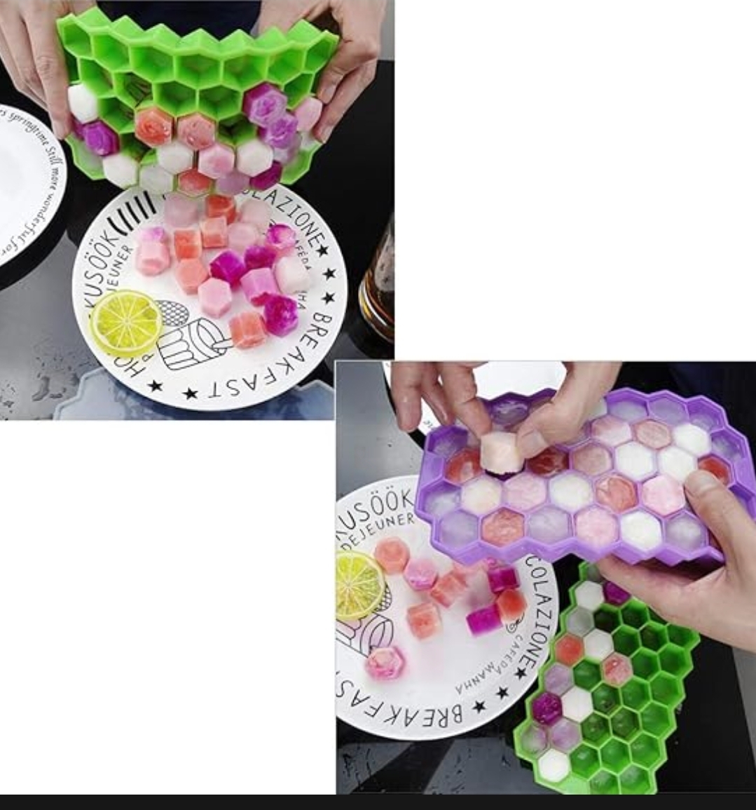Picture of Silicone lce Cube Trays with Lids Honeycomb Silicone lce Cube Tray 37 Grid lce Cube Mold Flexible Silicone 37 Cavities Honeycomb Shaped Stackable Durable Dishwasher Safe Silicone lce Cube Tray Mold Maker With Lid