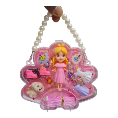 Picture of new collection Plastic Doll Toy with DIY Princess Styling, Featuring Dress, Ring, Bracelet, Necklace Accessories, and A Pet Dog. Creative Doll Styling and Dressing set, Portable shell-shaped bag. For ages 3+