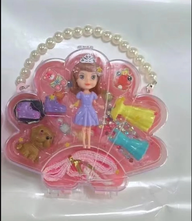 Picture of new collection Plastic Doll Toy with DIY Princess Styling, Featuring Dress, Ring, Bracelet, Necklace Accessories, and A Pet Dog. Creative Doll Styling and Dressing set, Portable shell-shaped bag. For ages 3+