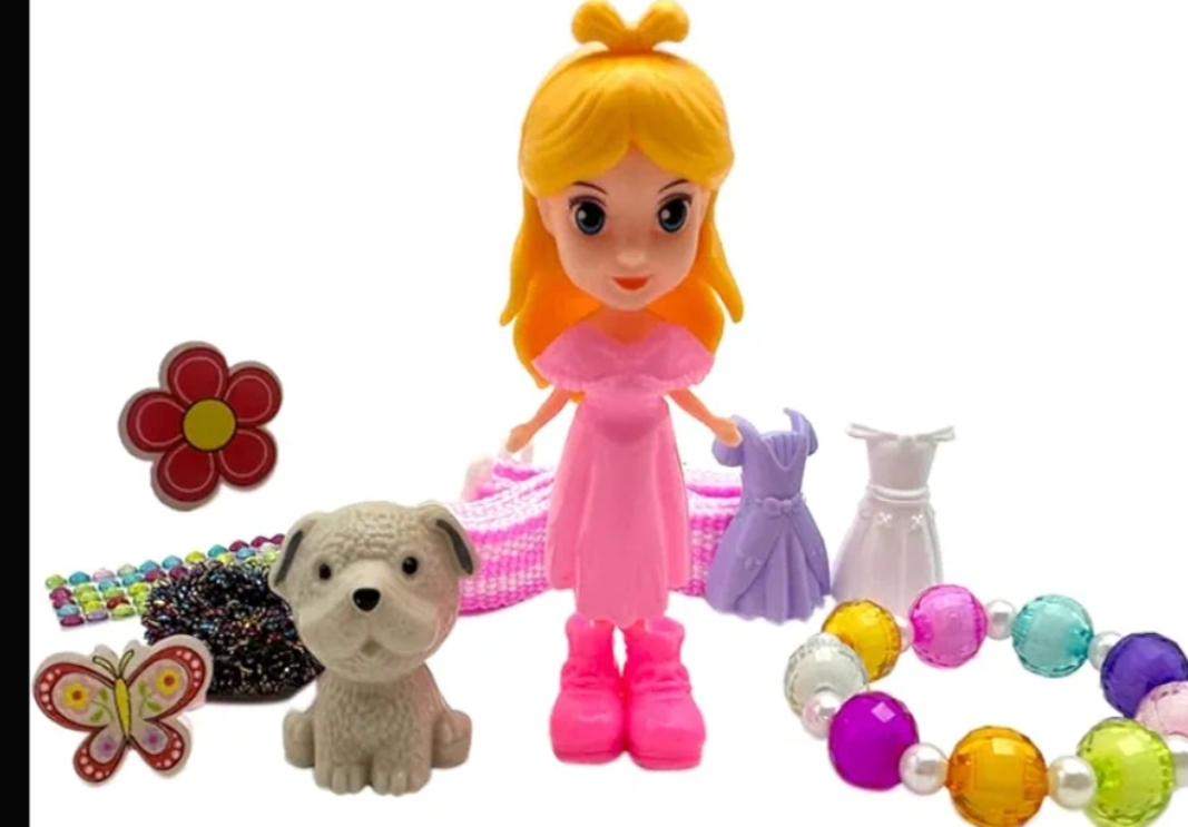 Picture of new collection Plastic Doll Toy with DIY Princess Styling, Featuring Dress, Ring, Bracelet, Necklace Accessories, and A Pet Dog. Creative Doll Styling and Dressing set, Portable shell-shaped bag. For ages 3+