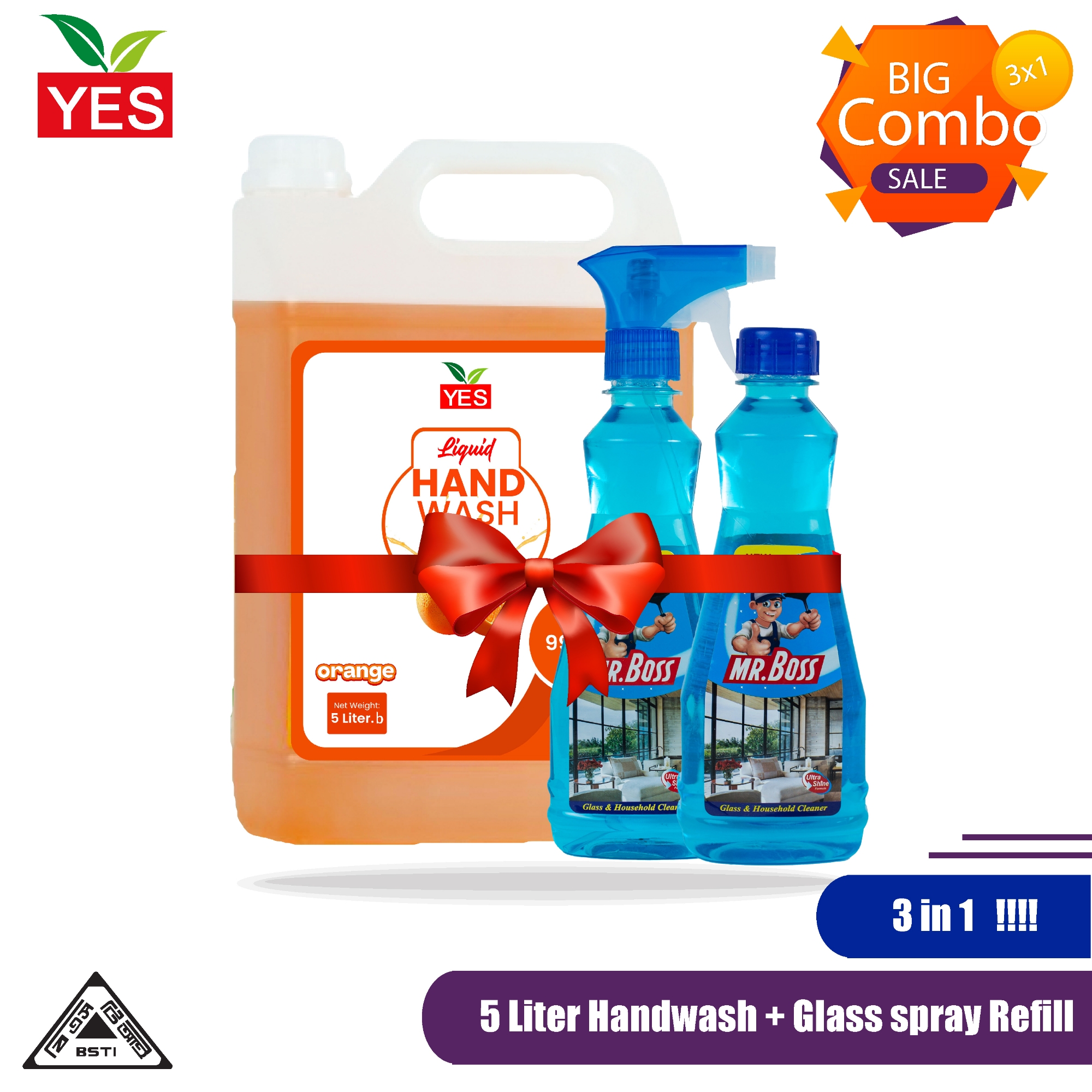 Picture of Yes Hand wash Liquid Orange  4.5Ltr & Mr Boss Glass Cleaner Spray + Refill 350ml (Combo)