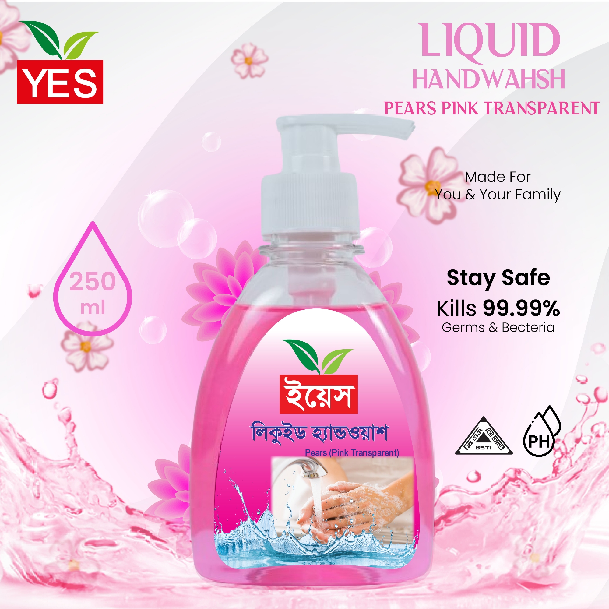 Picture of Yes Hand Wash Liquid Pears Pink (Transparent)- 250ml