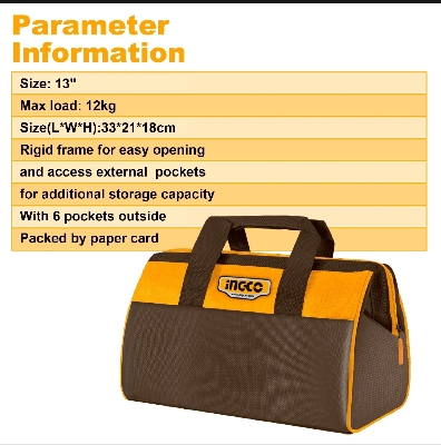 Picture of INGCO 13" Tool Bag Organizer with Wide Mouth Water-proof Multi-use Tool Tote Bag HTBG281328