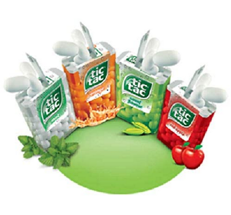 Picture of Tic Tac Mouth Freshener 4 Flavours in 1 Pack - 6 x Mint, 6 x Red Apple, 46x Orange, 6 x SEEDS ELAICHI & GINGER(1pcs  7.2, gms)  =24pcs box