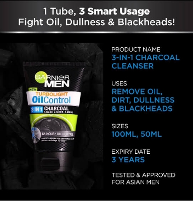 Picture of Garnier Men Turbolight Oil Control 3in1 Charcoal 12-Hour 100gm