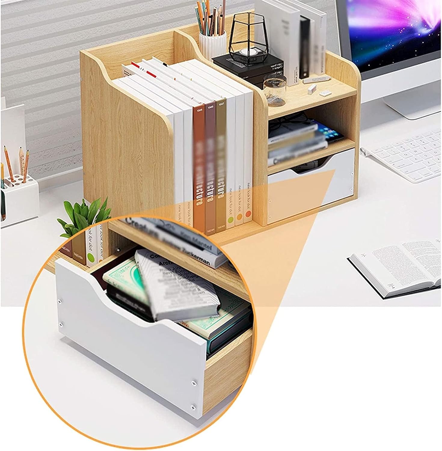 Picture of  Meraj Furniture  JOZZY Bookshelf,Drawer Desktop Office Storage Rack Bedroom Student Desktop Bookcase Storage Rack Bookcase
