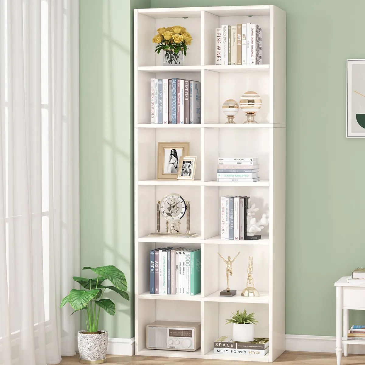 Picture of  Meraj Furniture  White Bookcase Bookshelf with 12 Cube Storage, 6 Tier Wood Display Rack Shelves