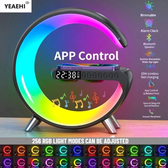Picture of G Shape Google LED Wireless Charging RGB Bluetooth Speaker Clock and Rechargeable Table Lamp