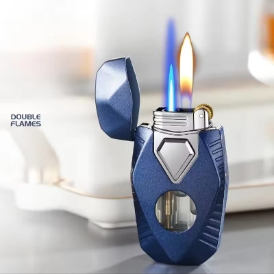 Picture of Portable Metal Grinding Wheel Torch Lighters Double Flames Windproof Cigarette Lighters Mini Butane Gas Lighters