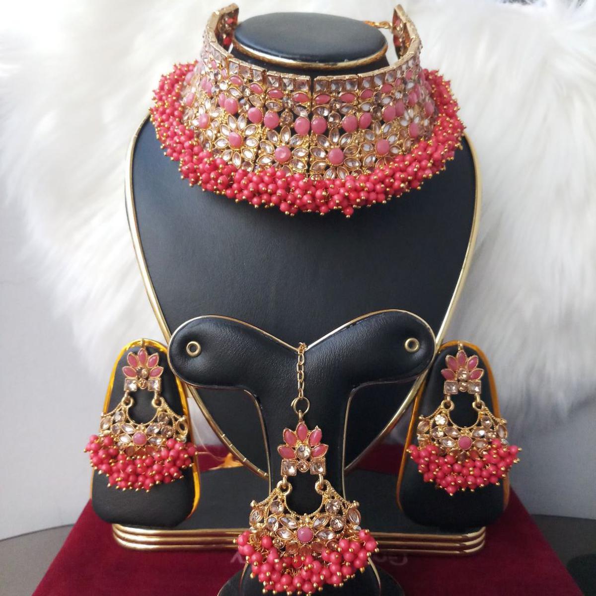 Picture of Gorgeous Wedding/ Party Bridal Choker Necklace Earrings Tikli Set for Women & Girls M-P999 (Imported) - Necklace for Women - Choker Necklace for Women and Girls -Neckclace and Earrings and Tikli Set