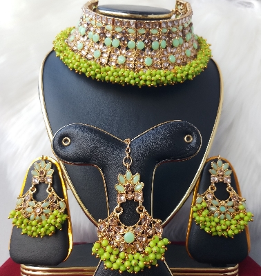 Picture of Gorgeous Wedding/ Party Bridal Choker Necklace Earrings Tikli Set for Women & Girls M-P999 (Imported) - Necklace for Women - Choker Necklace for Women and Girls -Neckclace and Earrings and Tikli Set