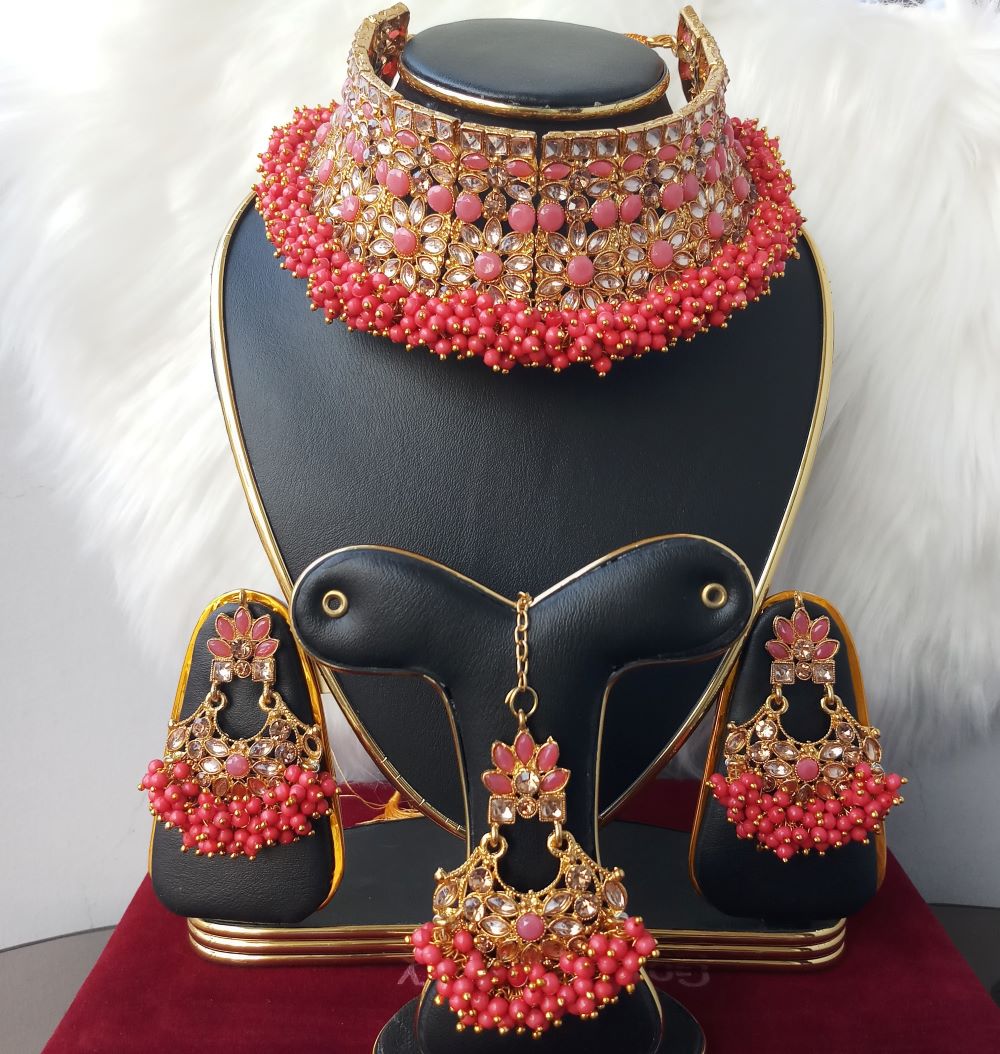 Picture of Gorgeous Wedding/ Party Bridal Choker Necklace Earrings Tikli Set for Women & Girls M-P999 (Imported) - Necklace for Women - Choker Necklace for Women and Girls -Neckclace and Earrings and Tikli Set