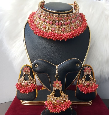 Picture of Gorgeous Wedding/ Party Bridal Choker Necklace Earrings Tikli Set for Women & Girls M-P999 (Imported) - Necklace for Women - Choker Necklace for Women and Girls -Neckclace and Earrings and Tikli Set