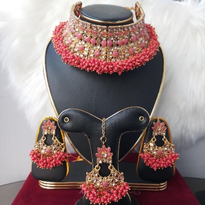 Picture of Pink Colorful Choker Necklace Earrings Tikli Set for Women & Girls M-P998 (Imported) - Necklace for Women - Necklace Tikli Earrings Set