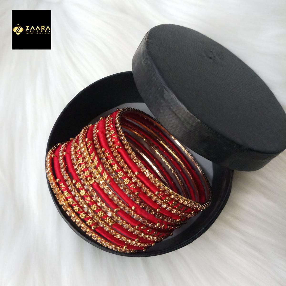 Picture of Silk Thread, Stone And Metal Bangles For Women (Red) (Imported) - 12 Pieces M-SKTB1005RED- Bangles