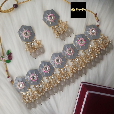 Picture of Original Jaypuri Meenakari Black Necklace, Earrings & Tikli Set for Women & Girls (Imported) M-JMN001 - Necklace for Women