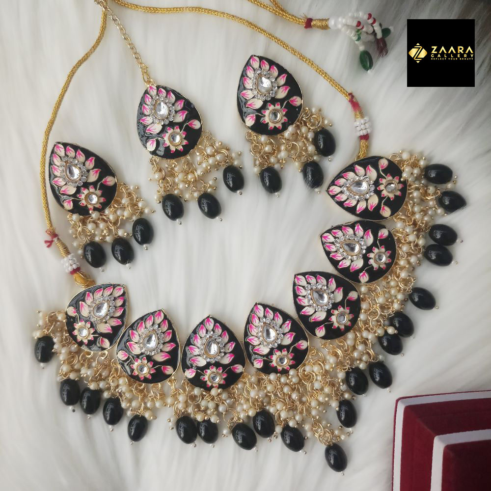 Picture of Original Jaypuri Meenakari Black Necklace, Earrings & Tikli Set for Women & Girls (Imported) M-JMN001 - Necklace for Women