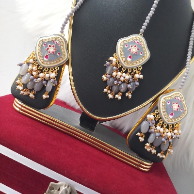Picture of Jaypuri Meenakari Earrings & Tikli Set for Women and Girls (Dark Grey/ Dark Ash) (Imported) M-JME9710M - Earring - Earrings for Women