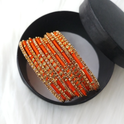 Picture of Silk Thread, stone and Metal Bangles for Women (Orange) (Imported) - 12 Pieces M-SKTB1004ORANGE - Bangles