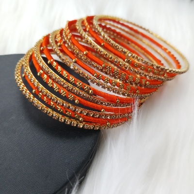 Picture of Silk Thread, stone and Metal Bangles for Women (Orange) (Imported) - 12 Pieces M-SKTB1004ORANGE - Bangles