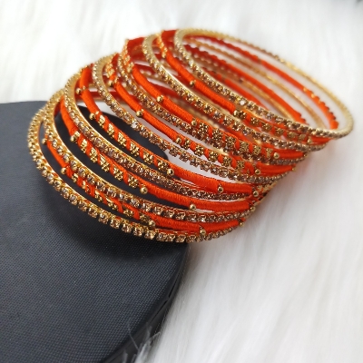 Picture of Silk Thread, stone and Metal Bangles for Women (Orange) (Imported) - 12 Pieces M-SKTB1004ORANGE - Bangles