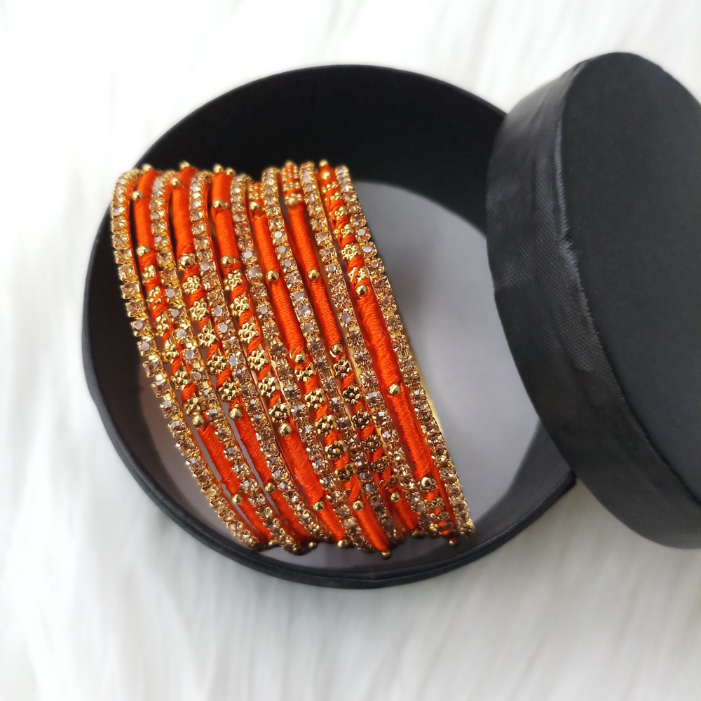 Picture of Silk Thread, stone and Metal Bangles for Women (Orange) (Imported) - 12 Pieces M-SKTB1004ORANGE - Bangles