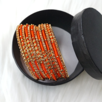 Picture of Silk Thread, stone and Metal Bangles for Women (Orange) (Imported) - 12 Pieces M-SKTB1004ORANGE - Bangles