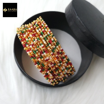 Picture of Multicolor Beads Golden Metal Bangles for Women (Imported) - 12 Pieces M-BM791 - Bangles