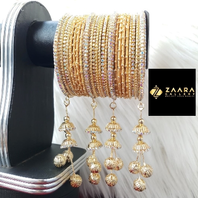 Picture of Gorgeous Stone Metal Jhumka Set Bangles (Silver and Golden) for Women (Imported) M-JS635S - 14 Pieces Set - Bangles for Women - Bangles