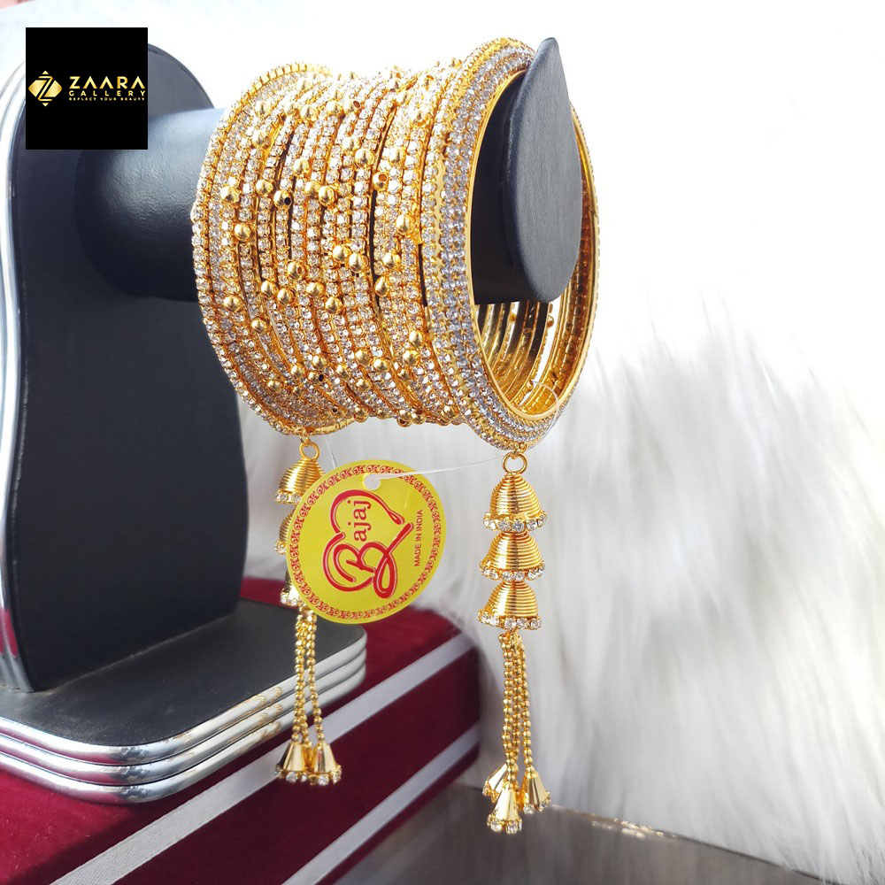 Picture of Gorgeous Stone Metal Jhumka Set Bangles (Silver and Golden) for Women (Imported) M-JS635S - 14 Pieces Set - Bangles for Women - Bangles