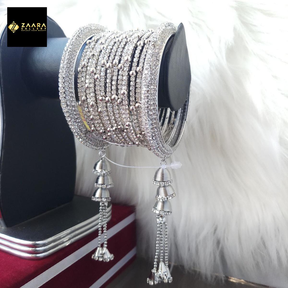 Picture of Gorgeous Stone Metal Jhumka Set Bangles (Silver and Golden) for Women (Imported) M-JS635S - 14 Pieces Set - Bangles for Women - Bangles