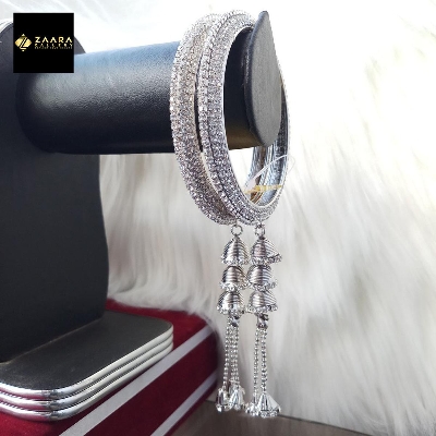 Picture of Gorgeous Stone Metal Jhumka Bangles for Women (Silver)- 2 Pieces (Imported) M-JS631S - Bangles for Women - Bangles - চুড়ি